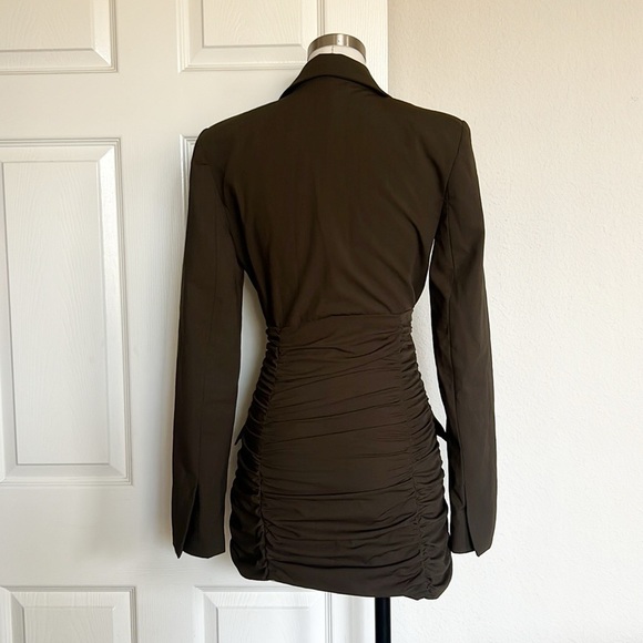 Zara Ruched Blazer Short Dress Dark Brown Shoulder Pads - Picture 5 of 7